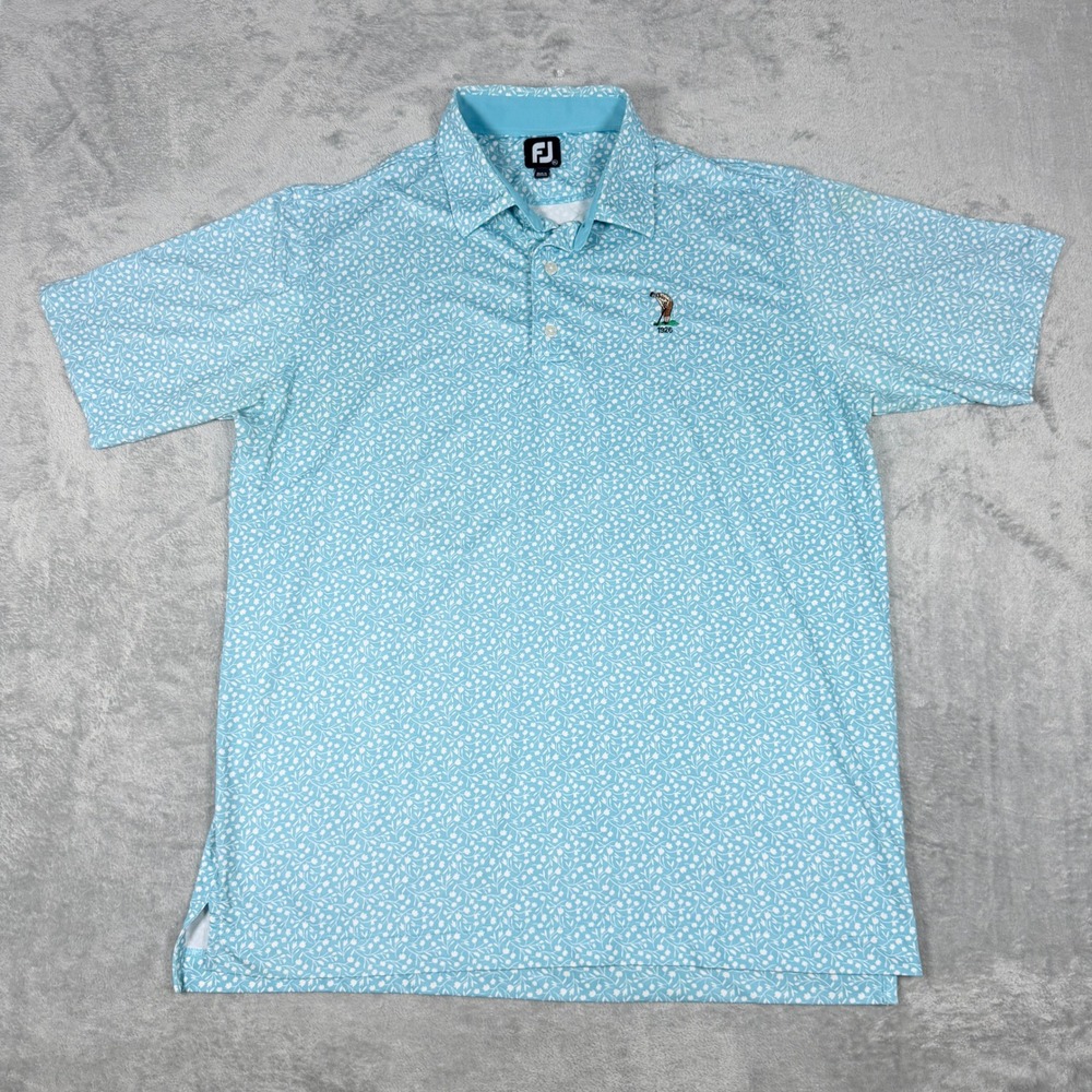 FootJoy Mens XL Polo Shirt Light Blue Floral Performance Shirt 1926 Golfer Logo